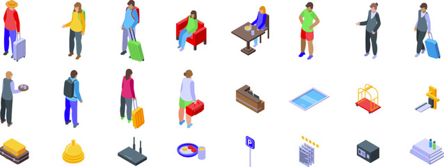 Hotel visitor icons set. Isometric icons representing various aspects of hotel services, from check in to dining and luggage handling
