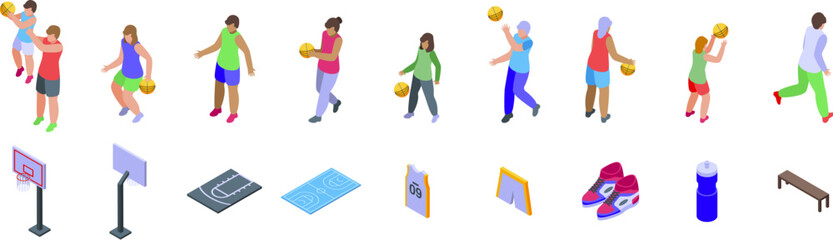 Family play basketball icons set. Basketball players practicing, playing, and related sport items in isometric view