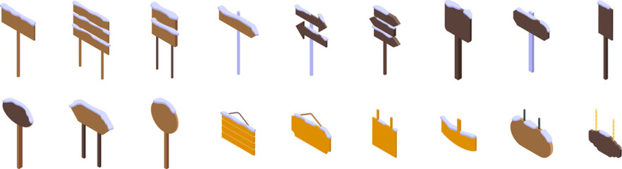 Wood signboard snow icons set. Set of various wooden signposts covered with snow, offering diverse directional cues