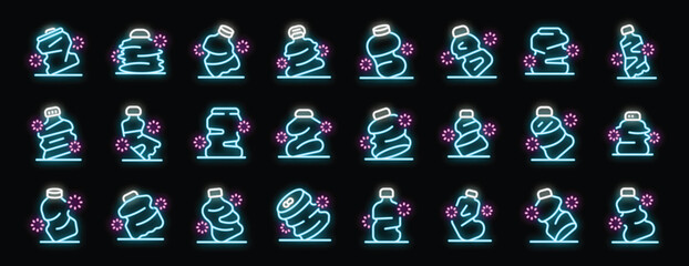 Set of glowing neon icons representing the crushing of plastic bottles for recycling, promoting environmental awareness