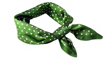 Green bandana with white polka dots, tied in a knot, floating on a transparent background, offering versatile usage possibilities for fashion, design, and creative projects