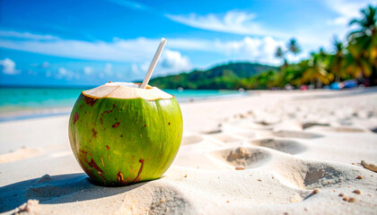 King Coconut Water in Fresh Coconut with Straw, Beach
