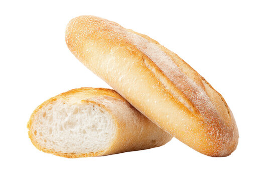 Two freshly baked baguettes on black background, cut out