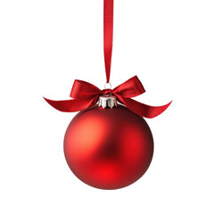 Glossy red Christmas ornament ball with red hanging ribbon and bow, isolated on white background, symbolizing festive holiday decoration