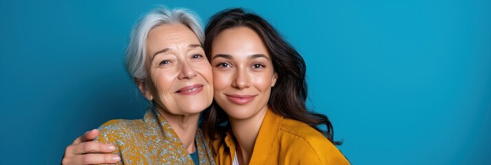 Two women are hugging each other on a blue background. The older woman has a white hair and the younger woman has a black hair