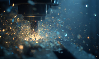 Machining sparks frozen mid-air around a drill bit