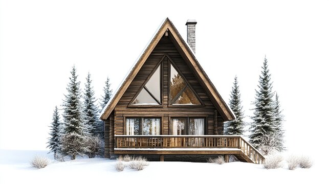 A-frame wooden cabin nestled amidst snow-covered evergreens, showcasing a large triangular window, deck, and chimney against a stark white background