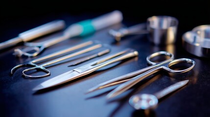 Surgical tools arranged on a dark surface ready for medical procedures in a sterile environment during daytime