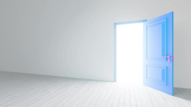 Bright light progressively illuminates a white empty room with parquet floor through an opening blue door, symbolizing hope, opportunity, and new beginnings