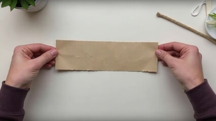Person is holding a piece of paper and folding it into a long strip. Concept of creativity and resourcefulness