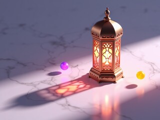 A detailed 3D  of a traditional Eid lantern casting colorful geometric shadows on a marble surface in.