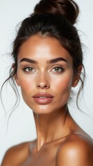 Portrait of a fashion woman with a bunch of hair. Perfect face profile girl, natural cosmetics for face care.