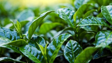 Lush green tea leaves glistening with dew in a tea plantation - Powered by Adobe