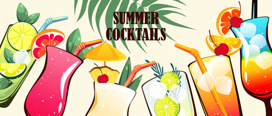 Summer cocktails background. Summer refreshing drinks. Vector illustration
