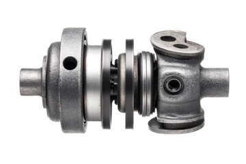 Close-up of a universal joint coupling on white background, cut out