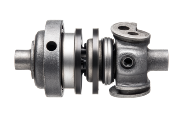 Close-up of a universal joint coupling on white background, cut out