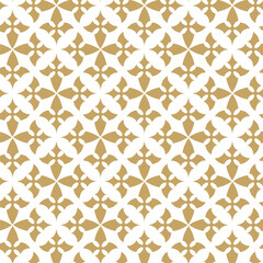 Abstract geometric pattern with crosses, stripes, lines. Seamless vector background. White and gold ornament. Modern reticulated graphic design.