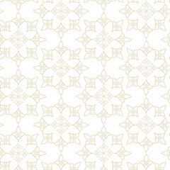 Abstract geometric pattern with crosses, stripes, lines. Seamless vector background. White and gold ornament. Modern reticulated graphic design.