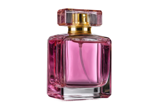 Elegant pink perfume bottle with square glass design and gold accent, cut out