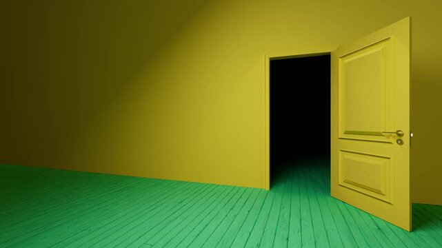 Yellow wooden door gradually opening, revealing shadowy interior with green floor and yellow wall, creating mysterious and suspenseful atmosphere of transition and hidden potential