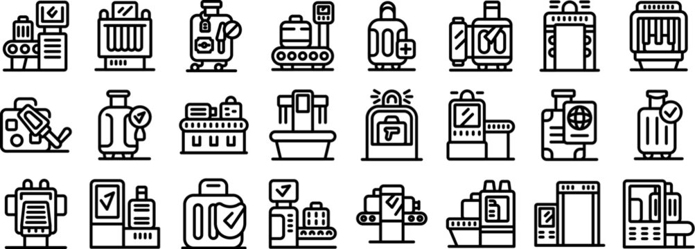 Fototapeta Luggage screening icons set. Icons depicting various stages of luggage handling and security checks at an airport, including baggage claim, x ray screening, and metal detectors