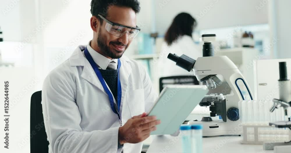 Poster man, scientist and typing on tablet in lab for research, medical study and online results. male pers
