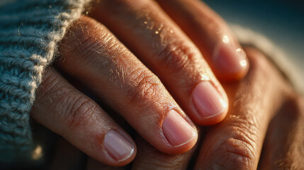 Fototapeta premium Detailed close-up of rugged, weathered hands pressing down on textured fabric under warm sunlight