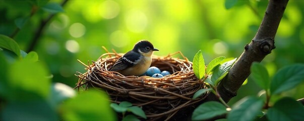 Cozy bird's nest nestled amongst lush green leaves, sunlight dappling through the foliage Perfect for nature, springtime, and home decor projects , foliage, natural