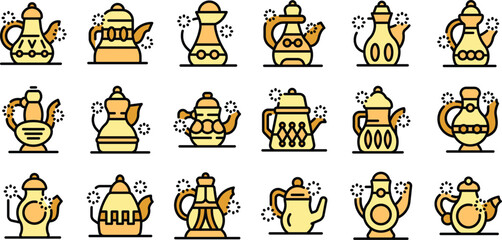 Collection of various teapots emitting magical sparks, representing brewing potions