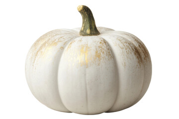 White pumpkin with gold accents and green stem on white background, cut out