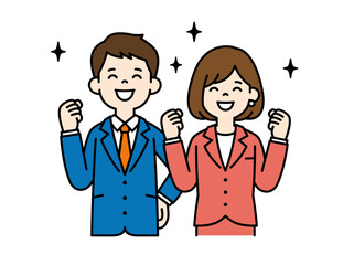 笑顔で応援する、ビジネスマンのベクターイラスト素材＿男女セット＿カラー