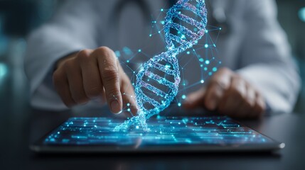 Doctor interacting with electronic medical record on tablet with dna hologram and digital healthcare network interface
