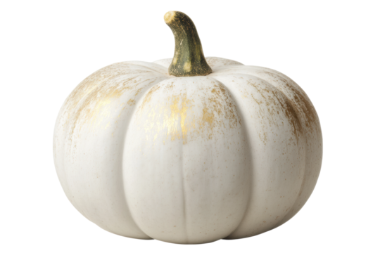 White pumpkin with gold accents and green stem on white background, cut out