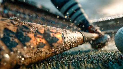 Close-up of a vintage field hockey stick and textured ball on lush green grass