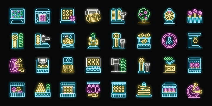 Neon icons representing various amusement park games and activities, creating a vibrant and exciting atmosphere