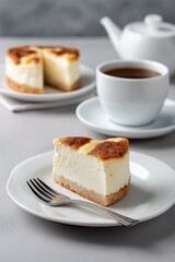 A slice of cheesecake is on a plate next to a cup of tea. The plate is on a table with a fork and a spoon. Scene is casual and relaxed