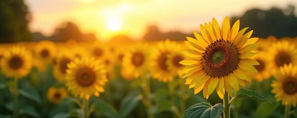Obraz premium A field of sunflowers basking in golden sunlight, their faces turned towards the sun, creating a vibrant and cheerful scene Perfect for summer, nature, and happiness themes , blossom, joy