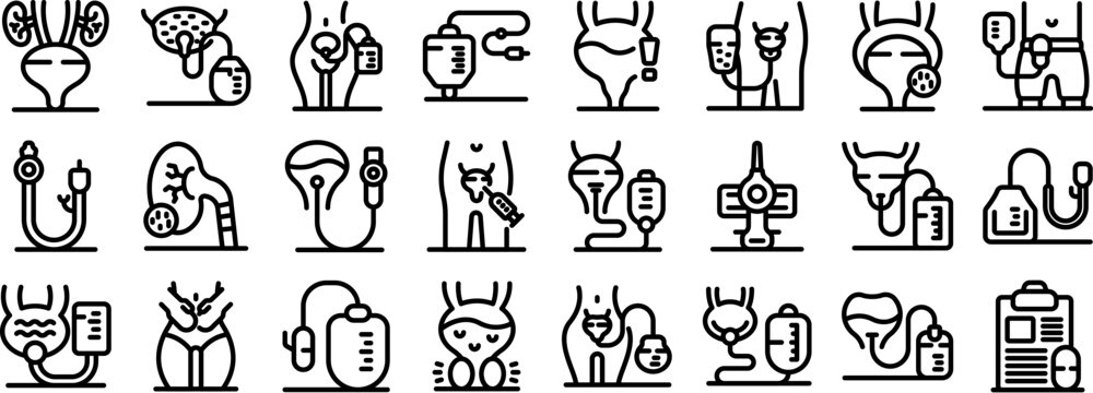 Urinary catheter icons set. Line icons representing urology, urinary system diseases, and treatment methods, including catheters, bladder issues, kidney problems, and urine analysis