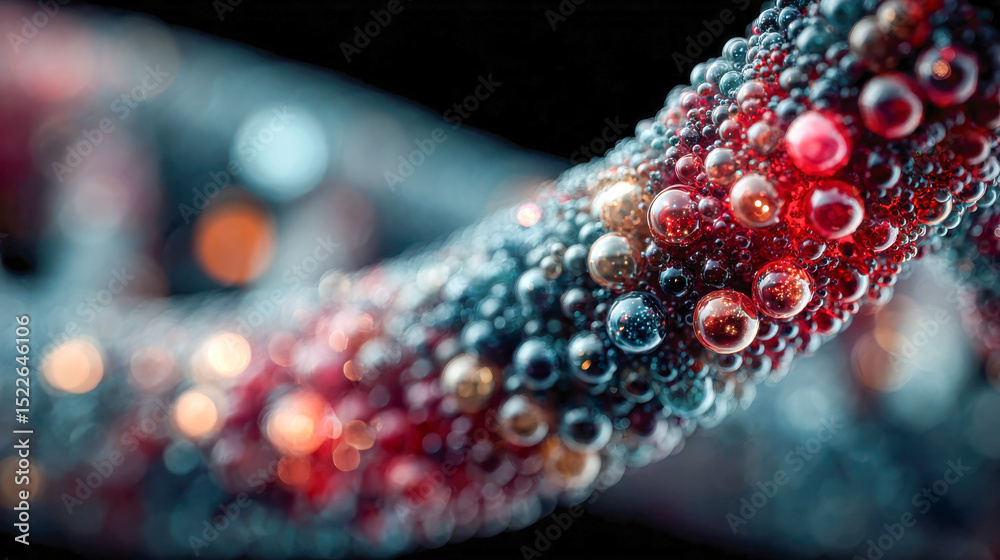 Poster hyper-realistic rendering of a dna helix in red, orange, and gray particle form, illustrating molecu