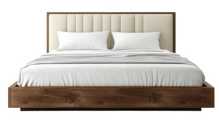 A well made bed with white sheets and pillows against a black background on transparent background