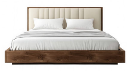 A well made bed with white sheets and pillows against a black background on transparent background