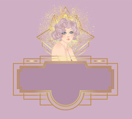 Art Deco design template with elegant flapper girl, geometric shapes, and decorative elements in dusty rose and gold tones. Perfect for invitations, fashion branding, events, or digital decor.
