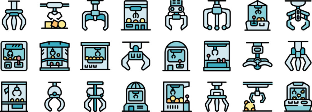 Set of claw crane machines, arcade game with robotic arm grabbing toys and gifts