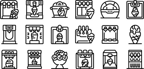 Ice cream maker icons set. Ice cream production process, from churning to filling cones, showcasing various machines and equipment used in creating frozen desserts