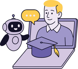 AI Education Vector Illustration: Robot Assistant and Graduate on Laptop.