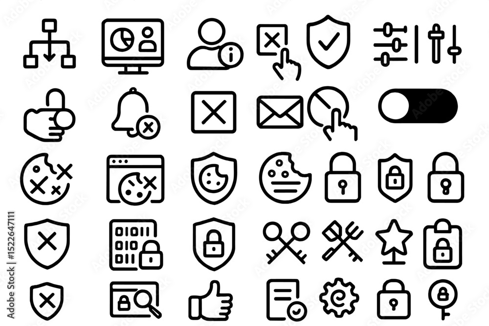 Poster collection of minimalistic icons representing cybersecurity and user interface concepts in black and
