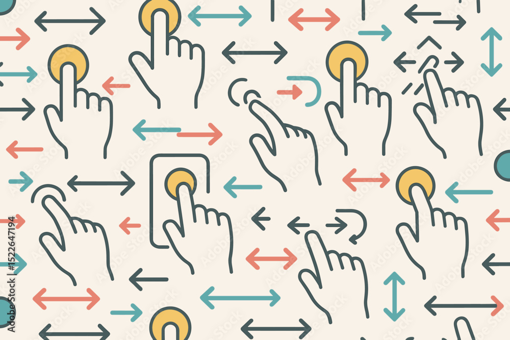 Poster graphic design featuring hands interacting with buttons and arrows showcasing various directions and