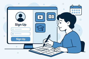 Creating an online account while taking notes at a desk in a bright workspace