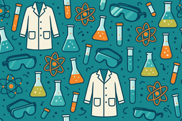 Colorful scientific pattern featuring lab coats, test tubes, and molecular structures on a teal background