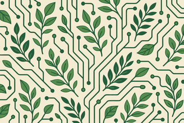 Green leaves intertwine with circuit patterns to symbolize nature and technology merging together harmoniously in design